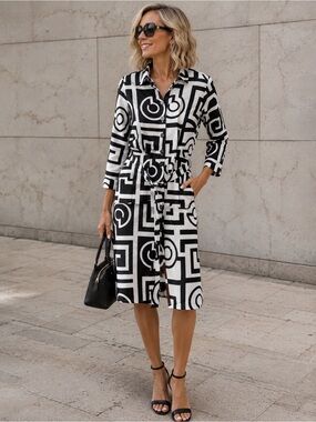 eShakti Black and White Striped Button-Front Dress
